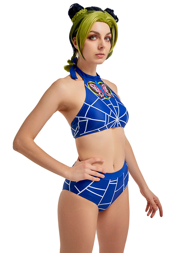 Miccostumes Swimsuits Hoher Neckholder Swimsuit Cosplay Badeanzug Spinnennetz Bademode Bikini Set in Blau