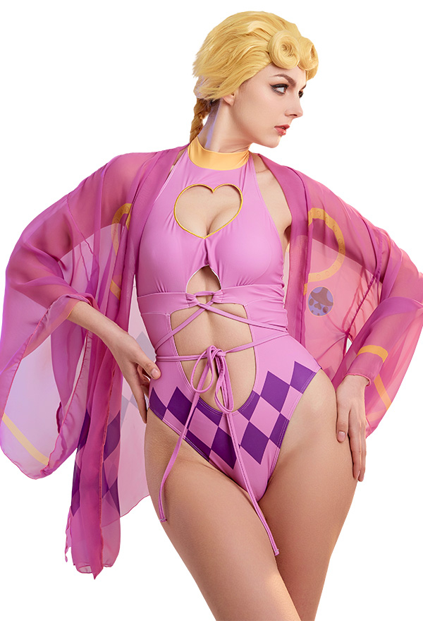 Swimsuit Crisscross Neckholder Cosplay Herz Cutout Bodysuit Badeanzug mit Haori in Lila