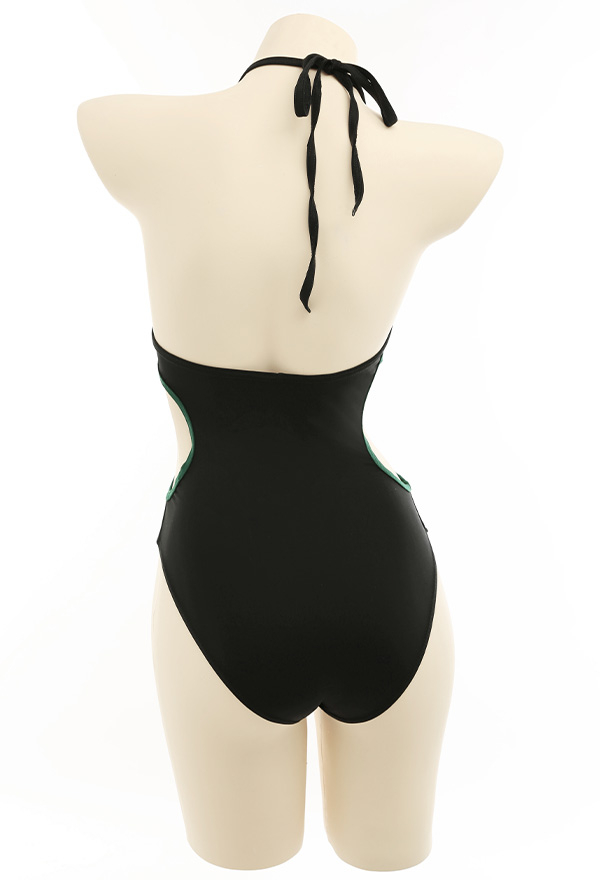 Anime Swimsuit Einteiliger Badeanzug Cosplay Taillen Cutout Schnürung Rückenfrei Niedriger Kragen Neckholder Bademode in Schwarz