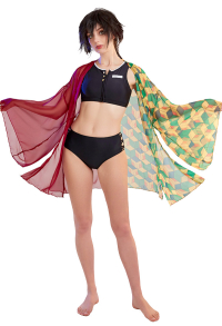 Swimsuits Half Diamond Pattern Print Bikini Set Vest Top and Bottoms Two-Piece Bathing Suit Swimwear with with Haori Kimono Cover-Up