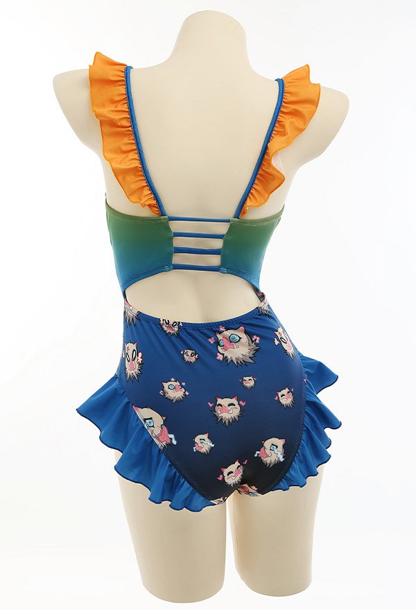 Maillot De Bain 1 Pièce Cosplay Demon Slayer Tanjiro - Col En V, Dos Nu, Volants - Pour Femme