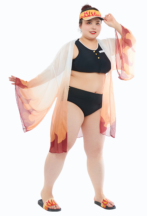 Plus Size KNY Flame Cosplay Swimsuit with Coverup Two Piece Bathing Suit with Haori