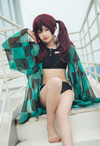 Miccostumes Swimsuits Bikini Set Back Prints Top and Bottoms Two-Piece Bathing Suit Swimwear with Black and Green Plaid Kimono Haoori Cover Up