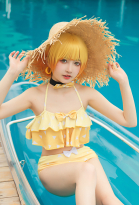 Miccostumes Swimsuits Yellow Ruffled Bikini Set Lace-up Bow Decoration Top and Bottoms Two-Piece Bathing Suit Swimwear with Choker