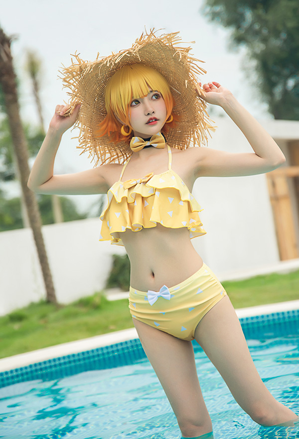 Miccostumes Swimsuits Femme Maillot de Bain Deux Pièces Bikini Jaune Cosplay avec Collier