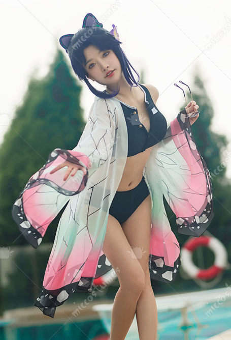 Miccostumes Swimsuits Back Prints for Bathing Bikini Set Buttons Top and Hollow Out Shorts Two Piece Bathing Suit Swimwear with Strapped Butterfly-Printed Kimono Haori Cover Up