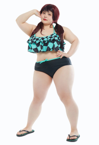 Plus Size Two Piece Swimwear Ruffled Bathing Suit Plaid Halter Top and Panty Set