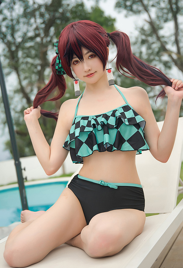 Miccostumes Swimsuits Swimsuit Maillot de Bain Deux Pièces Bikini Motif Plaid Vert Noir Cosplay Costume