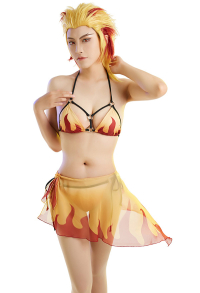 Miccostumes Swimsuits Flame Pattern Bikini Set Lace Up Top and Bottoms Two-Piece Bathing Suit Swimwear with with Chiffon Wrap Skirt Sarong