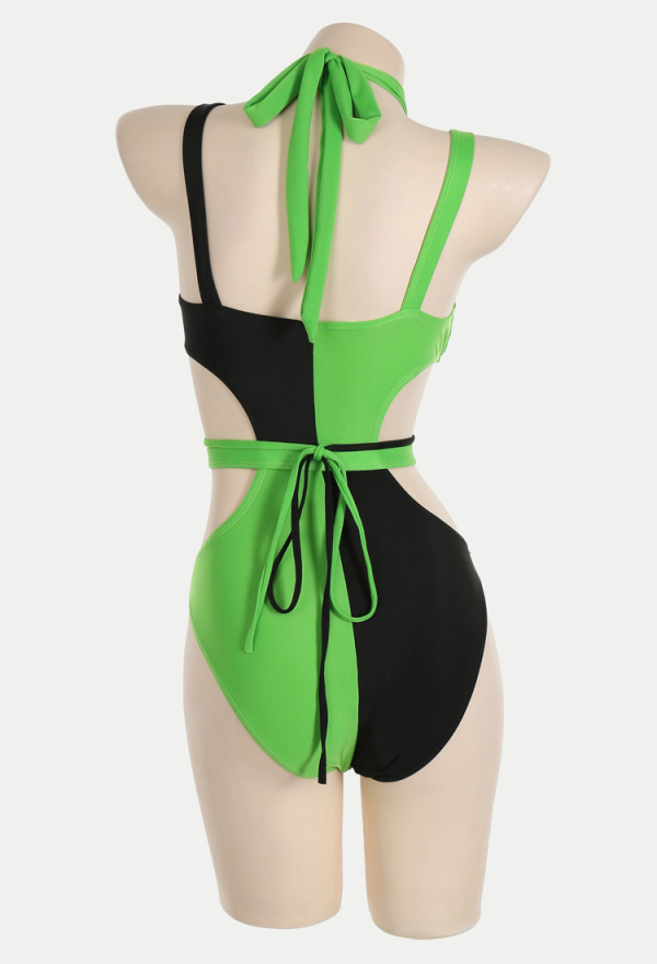 Shego Dérivé Maillot de Bain Une Pièces Justaucorps Sexuel Gothique Vert et Noir avec Patchwork et Découpes pour Femme