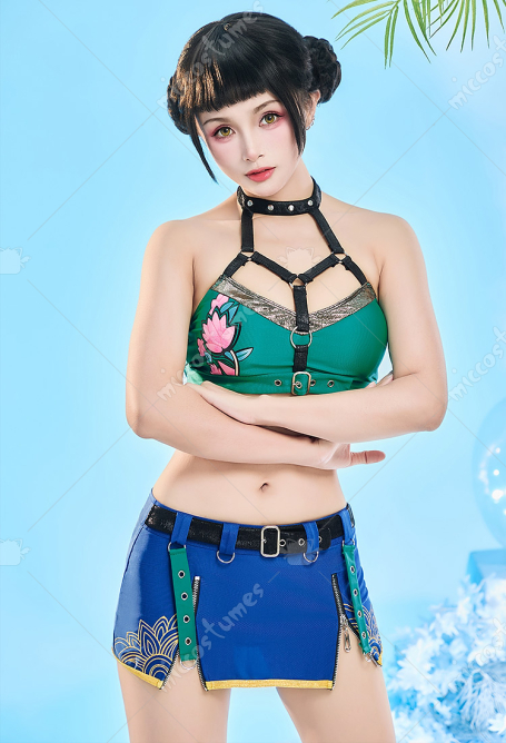 Kpop Slayers Rapper Derivative Two-Piece Swimsuit Printed Halter Neck Top and Zippered Skirt