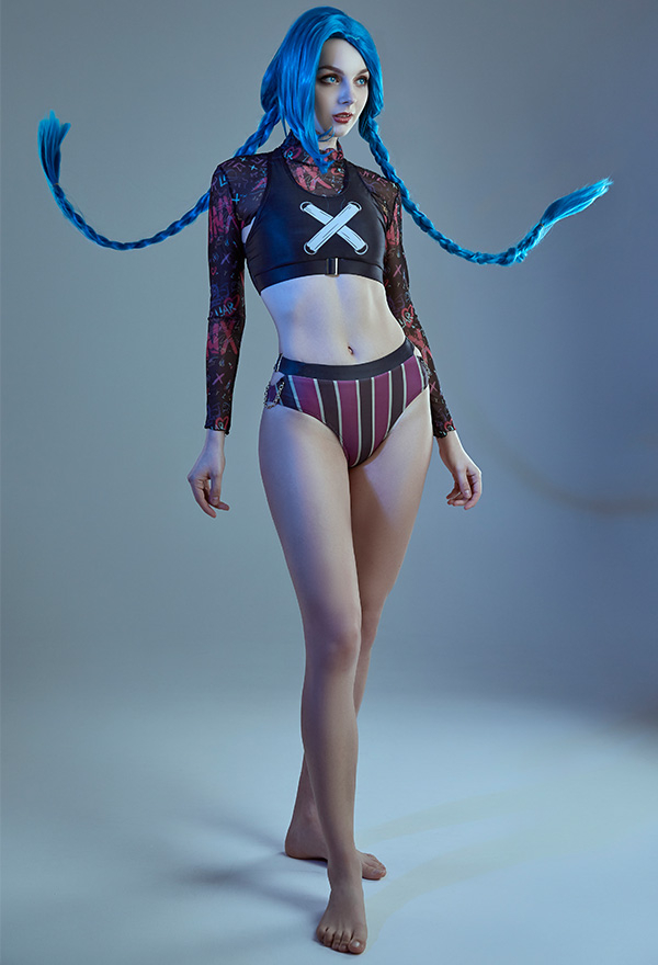 LOL Jinx Swimsuit - Sexy Bathing Suit with Mesh Long Sleeves