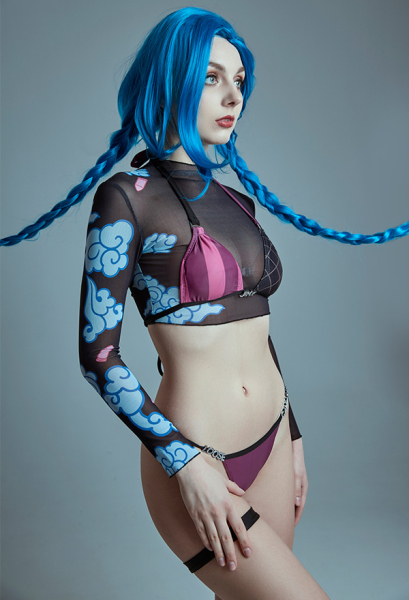 Miccostumes Swimsuits Sexy Bikini Set Halter Top and Bottoms Two-Piece Bathing Suit Swimwear with with Mesh Long Sleeves Printed Cover-Up