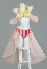 Mermaid Princess Derived Two-Piece Swimsuit Halter Top Bottoms Bathing Suit with Sleeves and Waist Chain