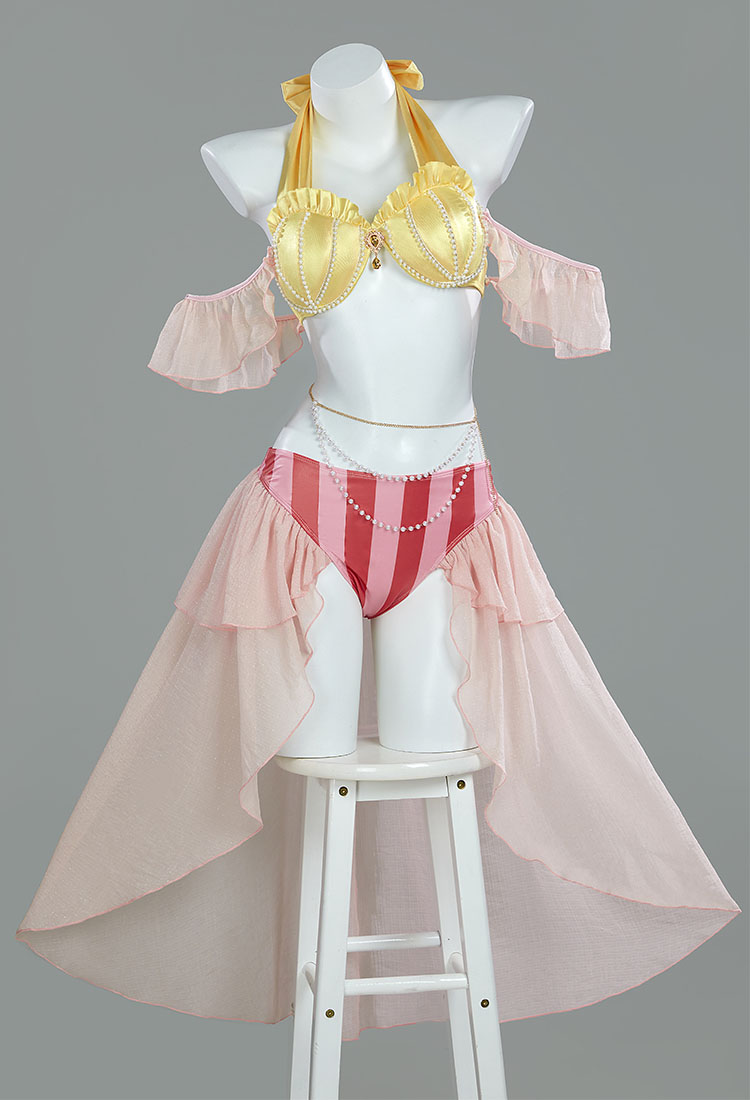 Mermaid Princess Derived Two-Piece Swimsuit Halter Top Bottoms Bathing Suit with Sleeves and Waist Chain