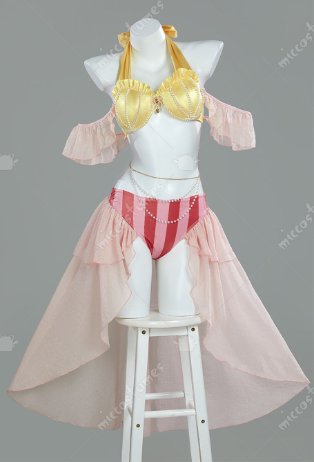Mermaid Princess Derived Two-Piece Swimsuit Halter Top Bottoms Bathing Suit with Sleeves and Waist Chain