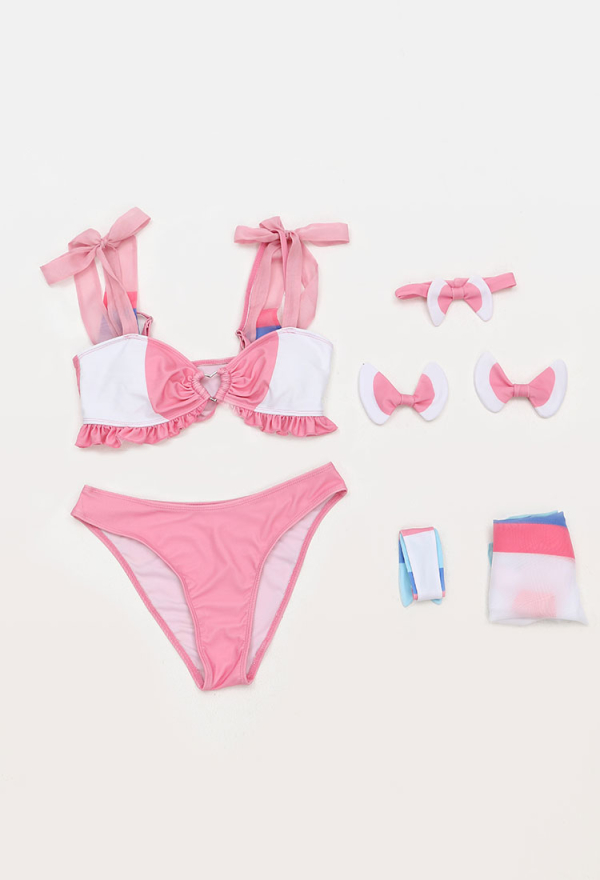 PM Derivative Swimsuit Kawaii Pink Ruffle Bikini Set Lace-up Top and Low Waist Shorts Two Piece Bathing Suit Swimwear