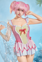 PMMM Magi Magica Madoka Kaname Derivative Cute Printed One-piece Anime Swimsuit with Bow Hair Clip