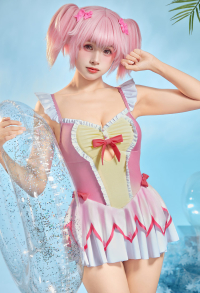 PMMM Magi Magica Madoka Kaname Derivative Cute Printed One-piece Anime Swimsuit with Bow Hair Clip
