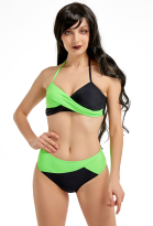 Miccostumes Swimsuits Green Black Contrast for Bathing Sexy Bikini Set Halter Top and Shorts Two Piece Bathing Suit Swimwear