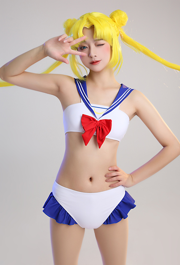 Miccostumes Swimsuits Femme Maillot de Bain Deux Pièces Bikini Cosplay avec Décor Nœud Papillon et Col Naval