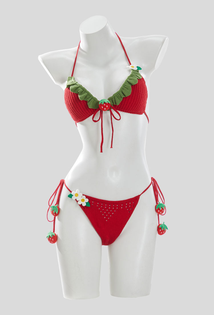 Cute Strawberry Knit Bikini Set Halter-Neck Two-Piece Swimsuit