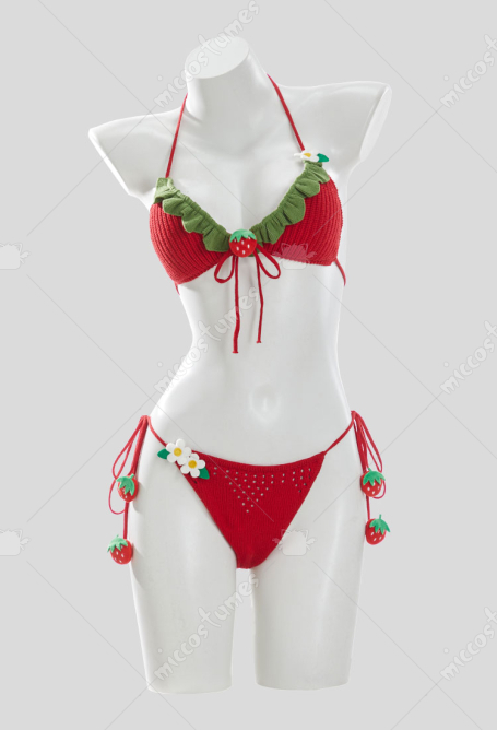 Cute Strawberry Knit Bikini Set Halter-Neck Two-Piece Swimsuit