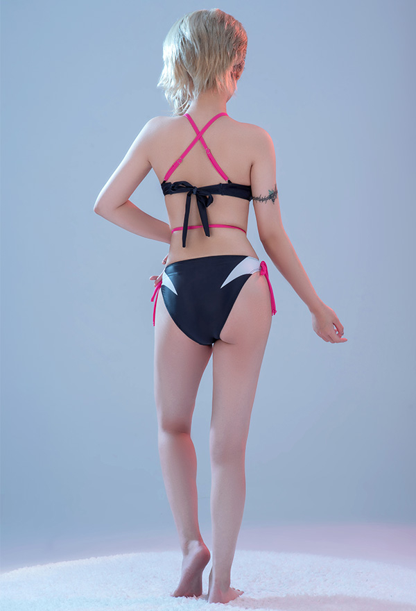 Sexy Cosplay Bikini Spinnennetz Swimsuit Riemchen Badeanzug Bauchfreies Oberteil mit Kapuzen in Rose