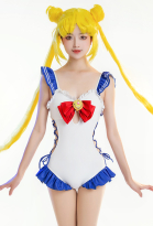 Miccostumes Swimsuits Ruffled for Bathing Lace-up One-Piece Bathing Suit Bow Decoration Swimwear
