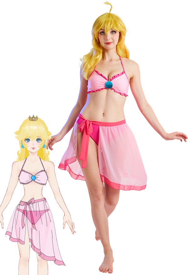 Prinzessin Peach Neckholder Swimsuit Cosplay Badeanzug Bikini mit Lange Chiffon Geknoteter Rock in Rose