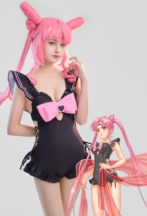 Anime Swimsuit Crisscross Swimsuit Badeanzug Einteilige Kawaii Schwarze Bodysuit in Schwarz