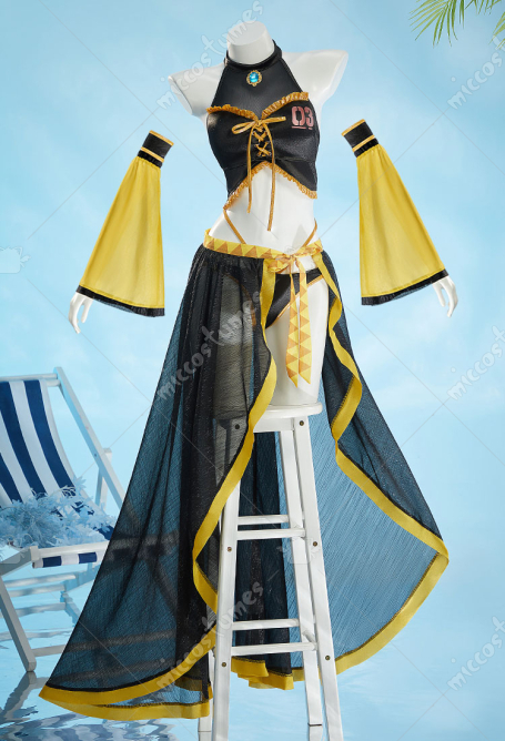 Luka Derivative Two-piece Swimsuit Halter Top and Bottom with Wrap Skirt and Sleeves
