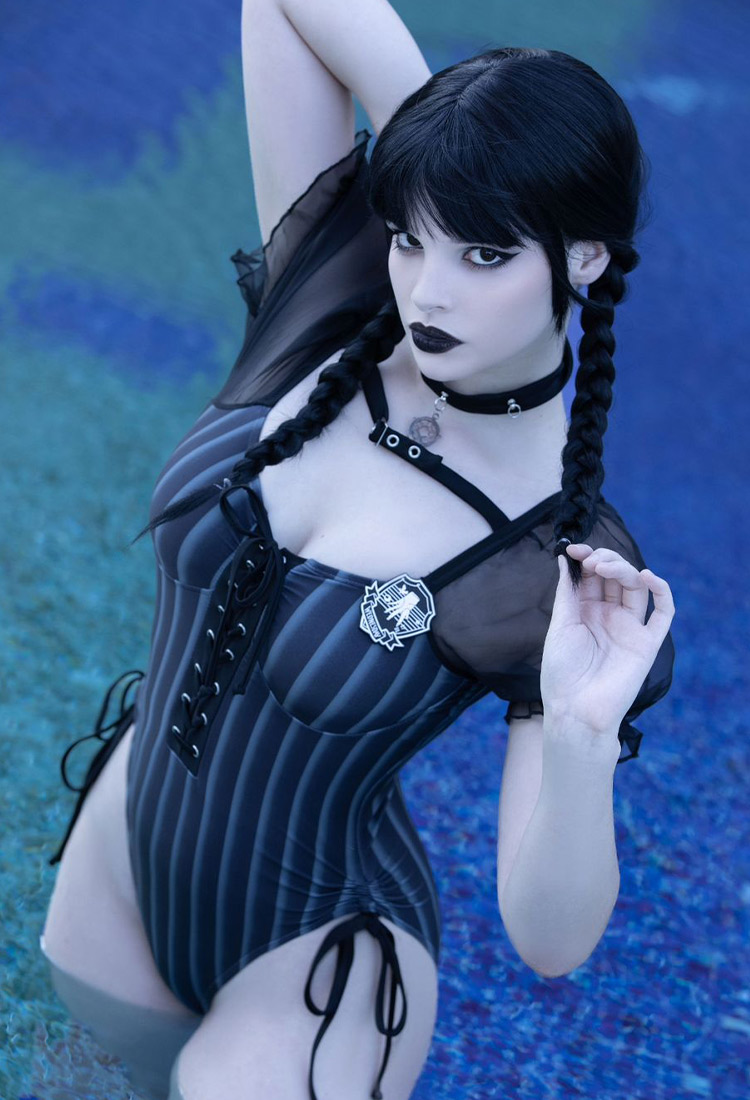 Wednesday Derivative Sexy Swimsuit Puff Sleeves Striped Bathing Suit Lace Up One-piece Swimwear