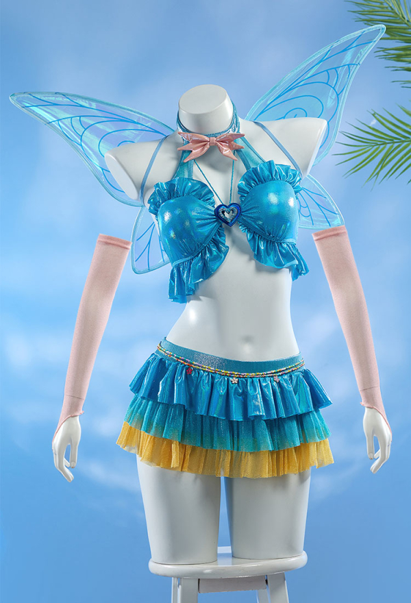 Winx Club Bloom Maillot de bain Cosplay deux pièces Top dos nu et jupe avec gants