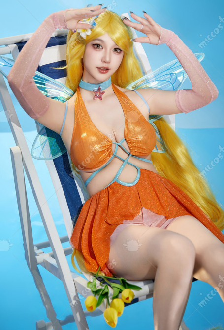 Stella Derivative One Piece Anime Swimsuit Hollow Irregular Ruffles Bathing Suit with Gloves Necklace