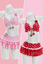 Cute Strawberry Bikini Set Retro Polka Dot Swimsuit with Bow