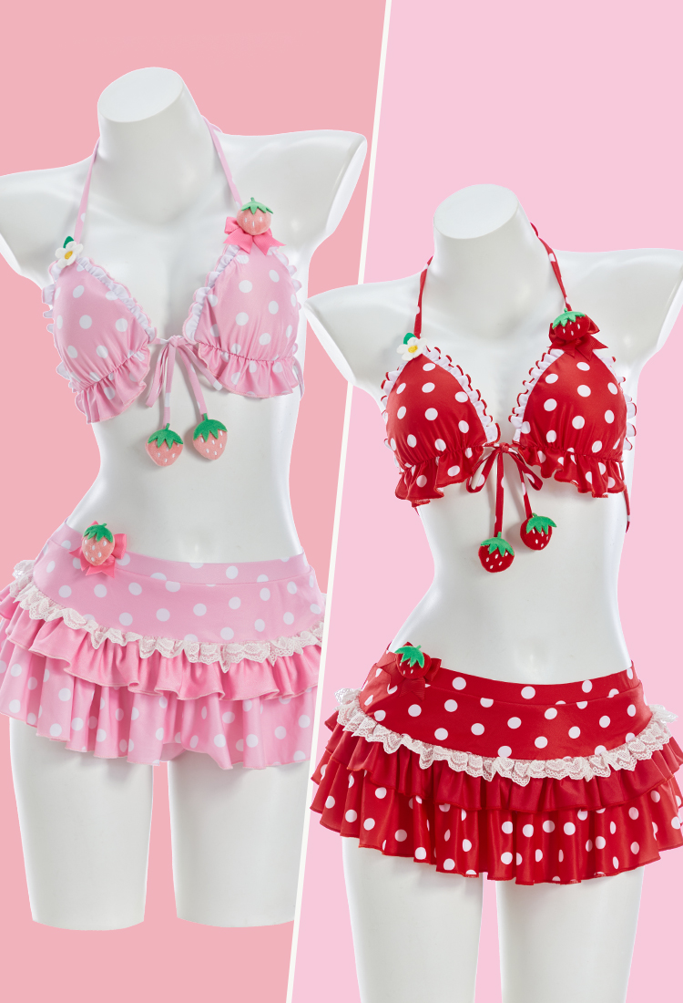 Cute Strawberry Bikini Set Retro Polka Dot Swimsuit with Bow