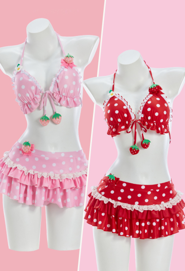 Cute Strawberry Bikini Set Retro Polka Dot Swimsuit with Bow