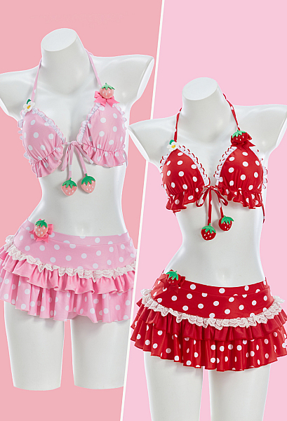 Cute Strawberry Bikini Set Retro Polka Dot Swimsuit with Bow