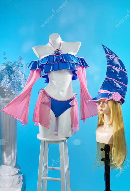 YGO Black Magic Girl Derivative Split Swimsuit Bikini Set Ruffle Off-Shoulder Top and Panty Two-Piece Bathing Suit with Chest Decor
