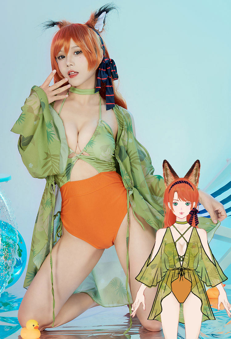 Nick Derivative One-Piece Swimsuit for Women Green Orange Sexy Halter Cutout Lace-up Swimwear Bathing Suit with Green Prints Cover-up and Hair Ribbon and Choker