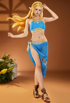 Miccostumes Swimsuits Blue Bikini Set Halter Lace up Top and Bottoms Two-Piece Bathing Suit Swimwear with Veil Dress