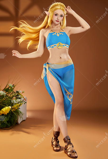 Miccostumes Swimsuits Blue Bikini Set Halter Lace up Top and Bottoms Two-Piece Bathing Suit Swimwear with Veil Dress