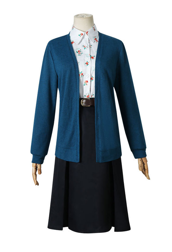 Spy House Yor Cosplay Costume Floral Shirt and Skirt with Blue Cardigan Casual Outfit