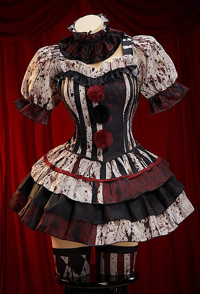 Terrifier Derivative Outfit Set Blutmuster Farblich abgesetztes gestreiftes Kleid mit Ärmeln und Socken