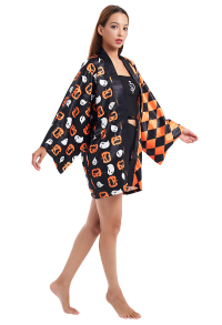 Halloween Dark Style Cartoon Pumpkin Lantern and Diamond Grid Pattern Kimono Cover-Up Cosplay Costume Outfit