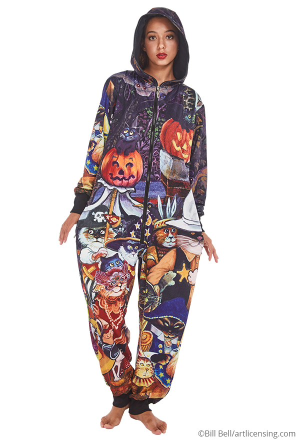 Pumpkin and Ghost Pattern Long Sleeved Hooded One Piece Pajamas