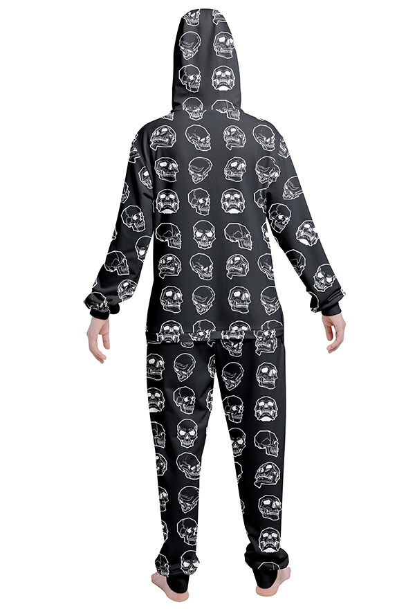 Pyjama Une Pièce à Capuche Halloween Cosplay Costume Style Noir avec Impressions de Crâne