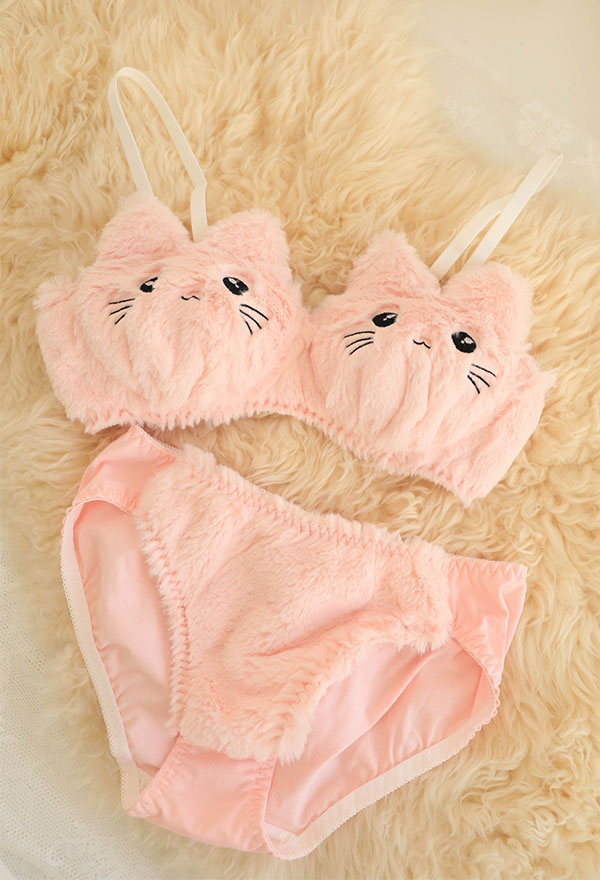 Cute Lingerie Set - Women Cat Embroidery Furry Bra and Briefs