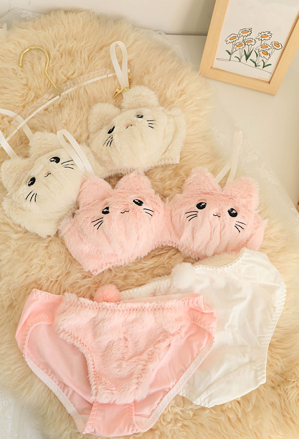 Cute Lingerie Set - Women Cat Embroidery Furry Bra and Briefs